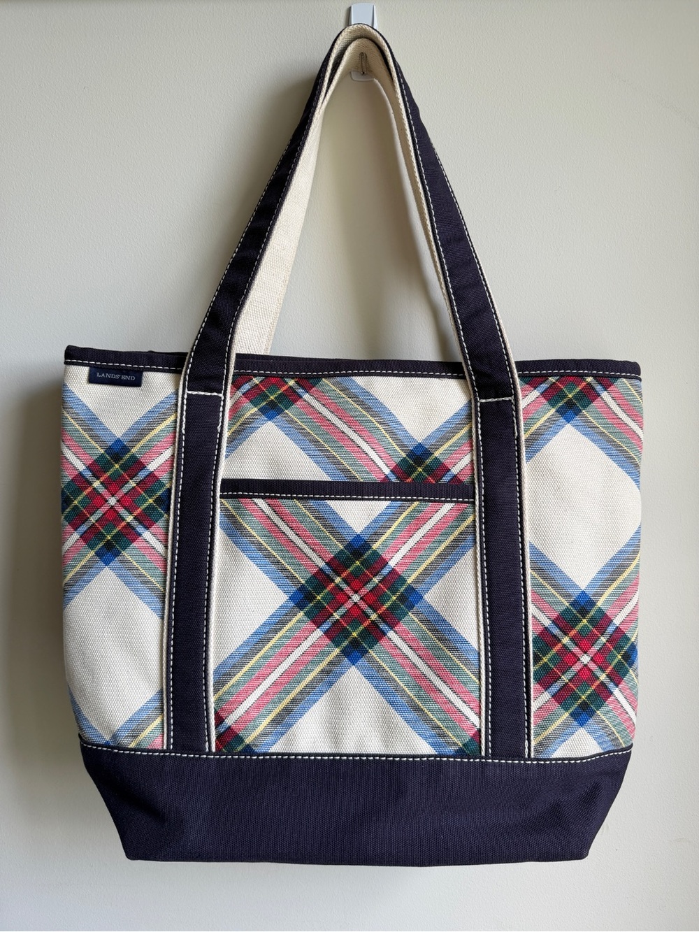 Lands End Thick Canvas Medium Tote Bag Plaid Tartan and Cream